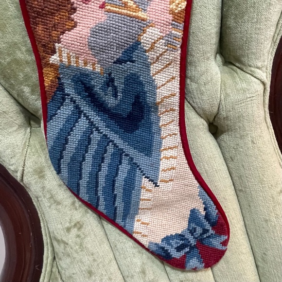 Needlepoint Angel Christmas Stocking Bow Cottage Grandma Handmade Needlework - Picture 4 of 6